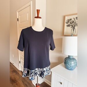 Elegant Navy and White Print Hem Women's Top